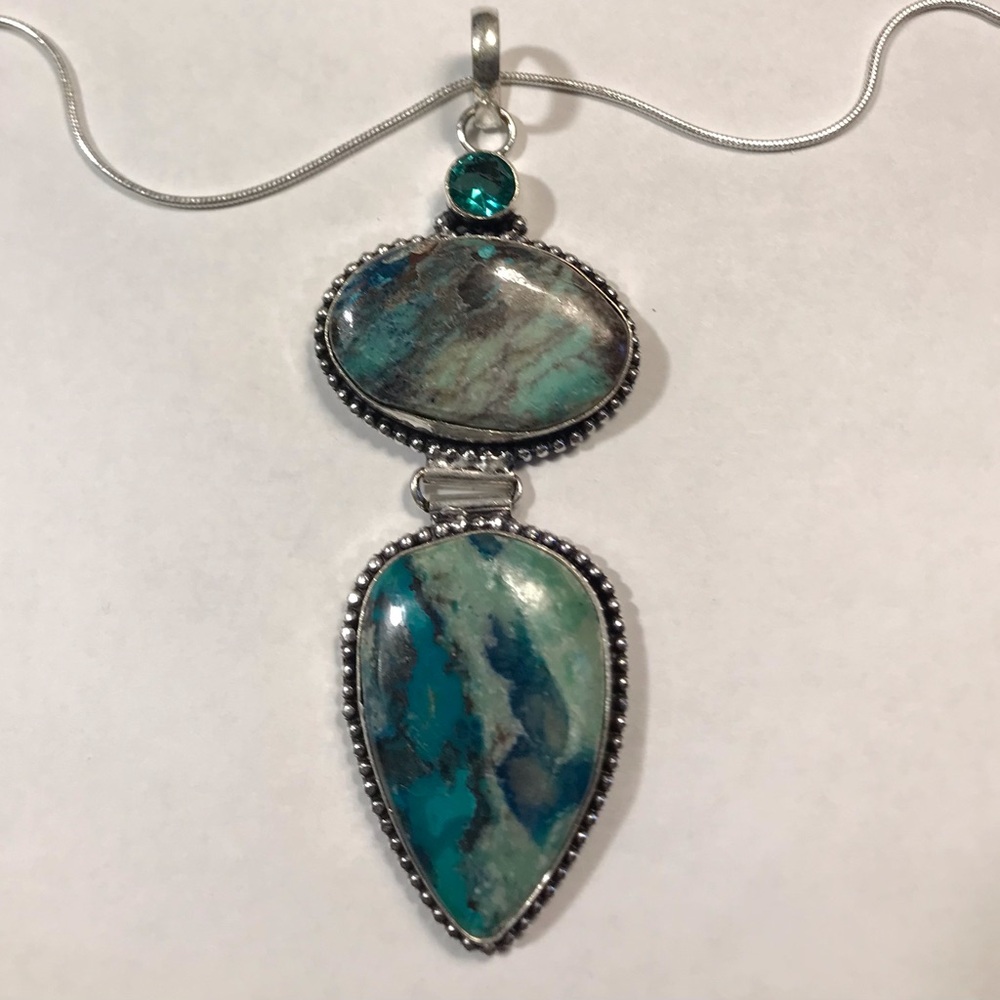 Aqua Apatite Chrysocolla Stamped 925 Sterling Silver Necklace